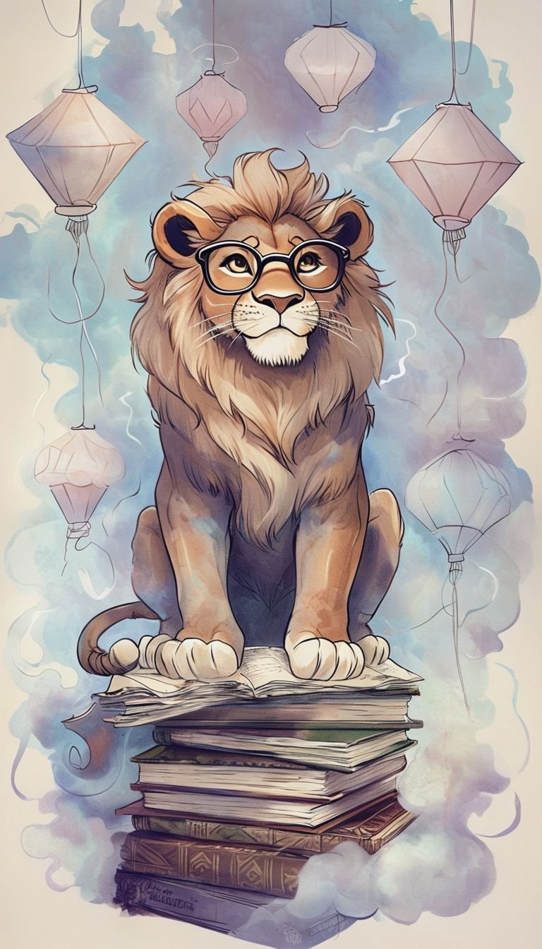 Illustration of a bespectacled lion on books with lanterns and clouds